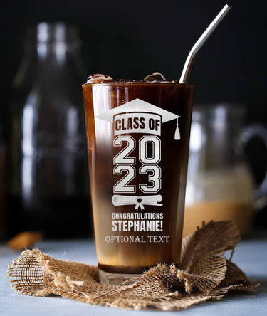 Custom 16 oz Pint Glass Graduation | Personalized Name/Text Beer Glass